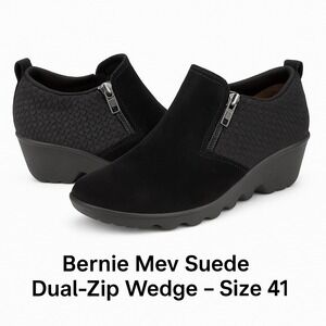 Bernie Mev Black Suede Dual-Zip Wedge Comfort Shoes Size 41 (US 10